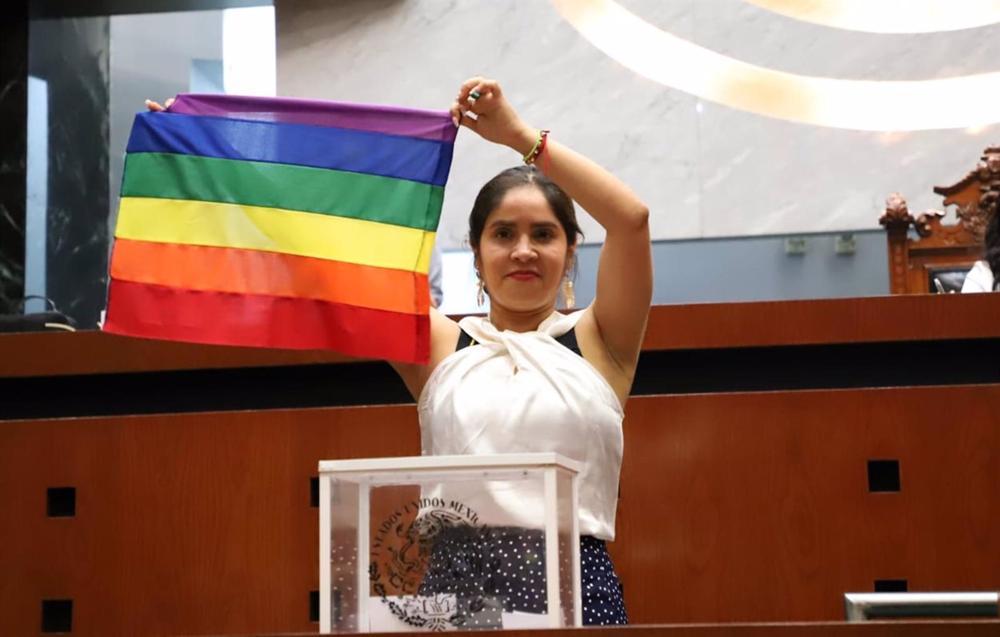 Diputada del Congreso de Guerrero enseña una bandera LGTB Diputada