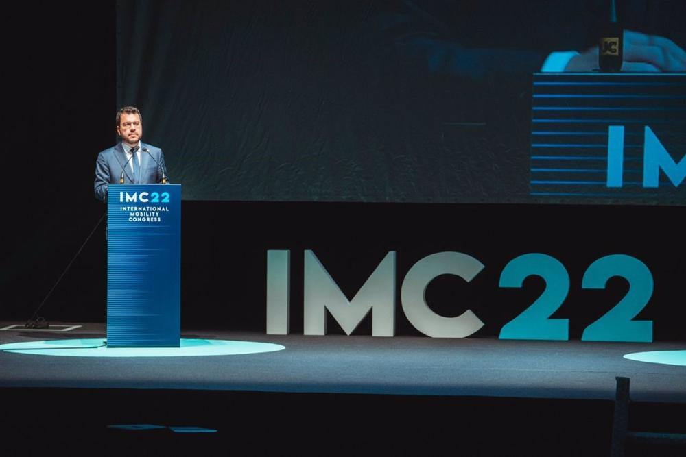 El presidente de la Generalitat, Pere Aragonès, durante su discurso de clausura del International Mobility Congress 2022 en Sitges (Barcelona) El