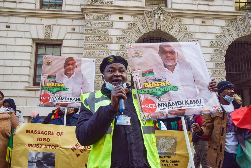 Archivo - Manifestación en Londres para reclamar la independencia de Biafra y la liberación de Nnamdi Kanu, líder del grupo separatista Pueblo Indígena de Biafra. Archivo