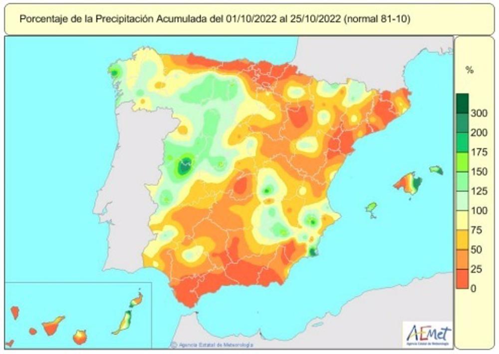 Mapa de lluvias recogidas en España del 1 al 25 de octubre. Mapa