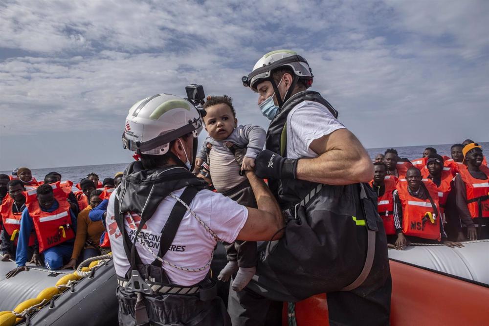 Archive - A baby is rescued from a boat by Doctors Without Borders' Geo Barents boat team. Archive