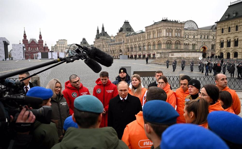 Vladimir Putin, President of Russia, speaks at Red Square in Moscow. Vladimir