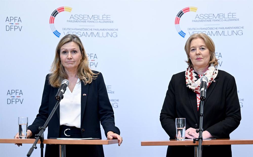 Baerbel Bas (R), president of the German Bundestag, and Yael Braun-Pivet, president of the French National Assembly, speak at a press conference during the eighth session of the Franco-German Parliamentary Assembly. Baerbel
