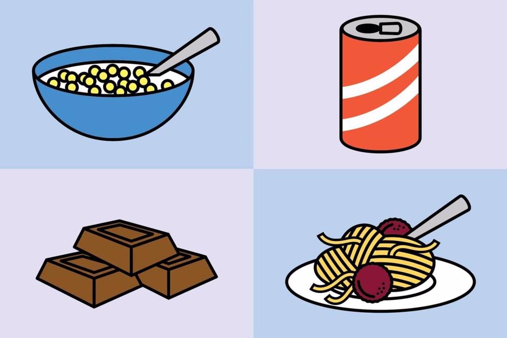 Archivo - Ilustración de alimentos procesados: cereales, refrescos, chocolate y pasta. Archivo