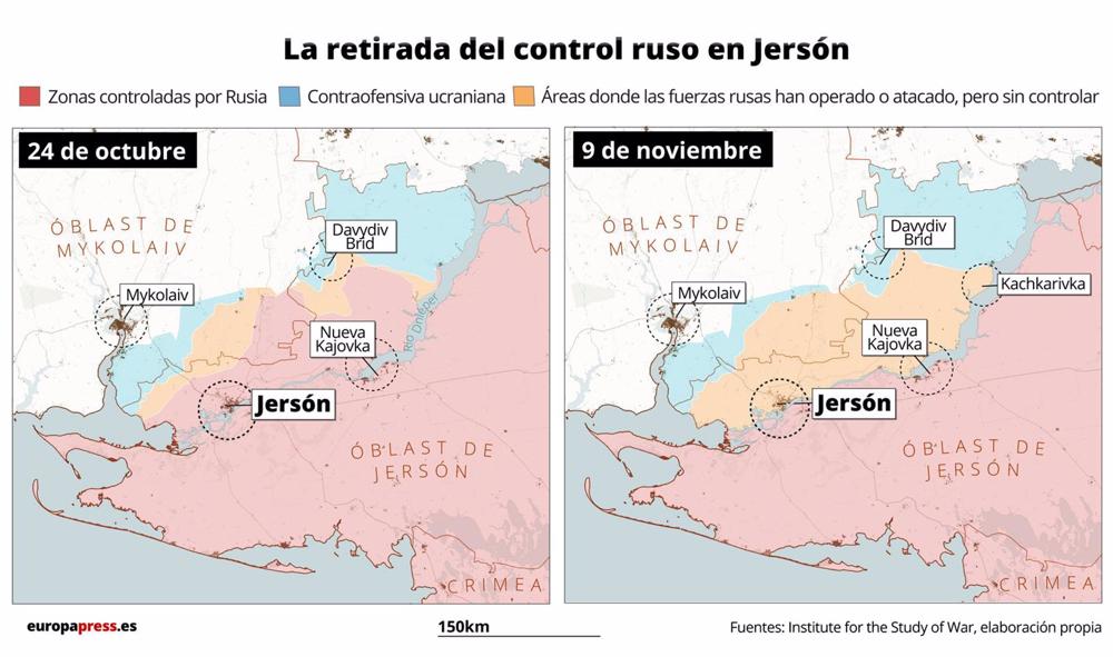 Map comparing the war situation in Kherson (Ukraine) on November 9 and October 24. Map