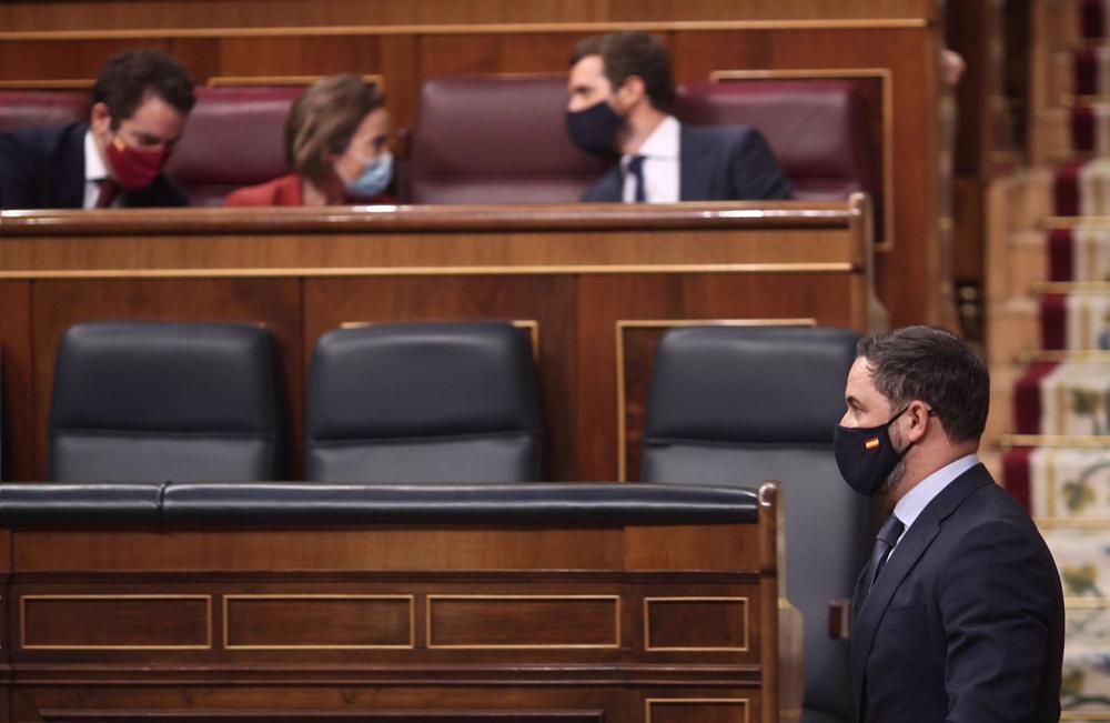 Archivo - El presidente de Vox, Santiago Abascal, en la defensa de la moción de censura Archivo
