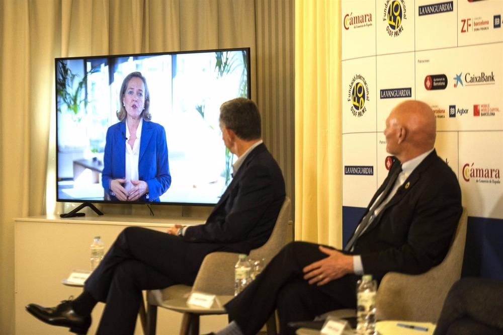 La vicepresidenta primera y ministra de Asuntos Económicos y Transformación Digital, Nadia Calviño, en una intervención telemática en el XXVII Encuentro de Economía. La