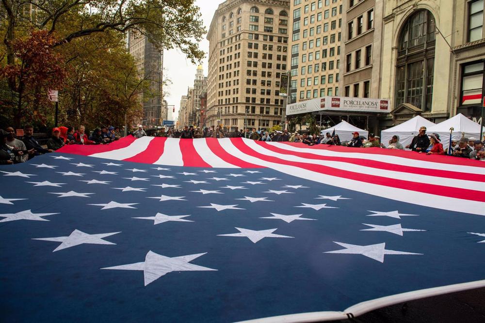 File image of a US flag unfurled on a New York street. File