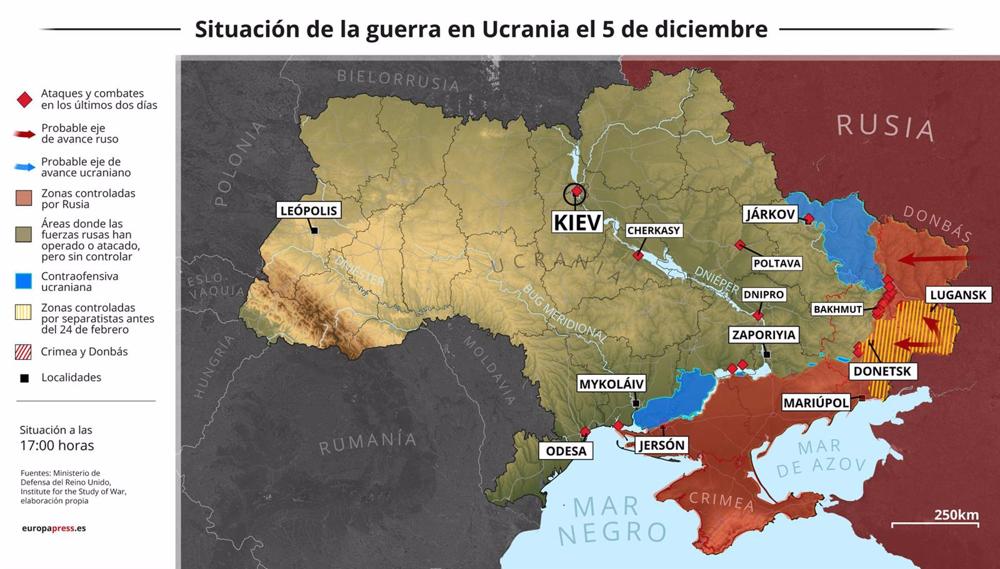 Mappa della situazione di guerra in Ucraina il 5 dicembre (Stato alle 17:00) Mappa