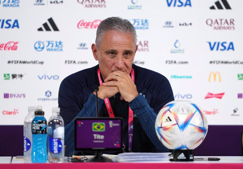 El seleccionador de Brasil, Tite, en una rueda de prensa en el Mundial. El