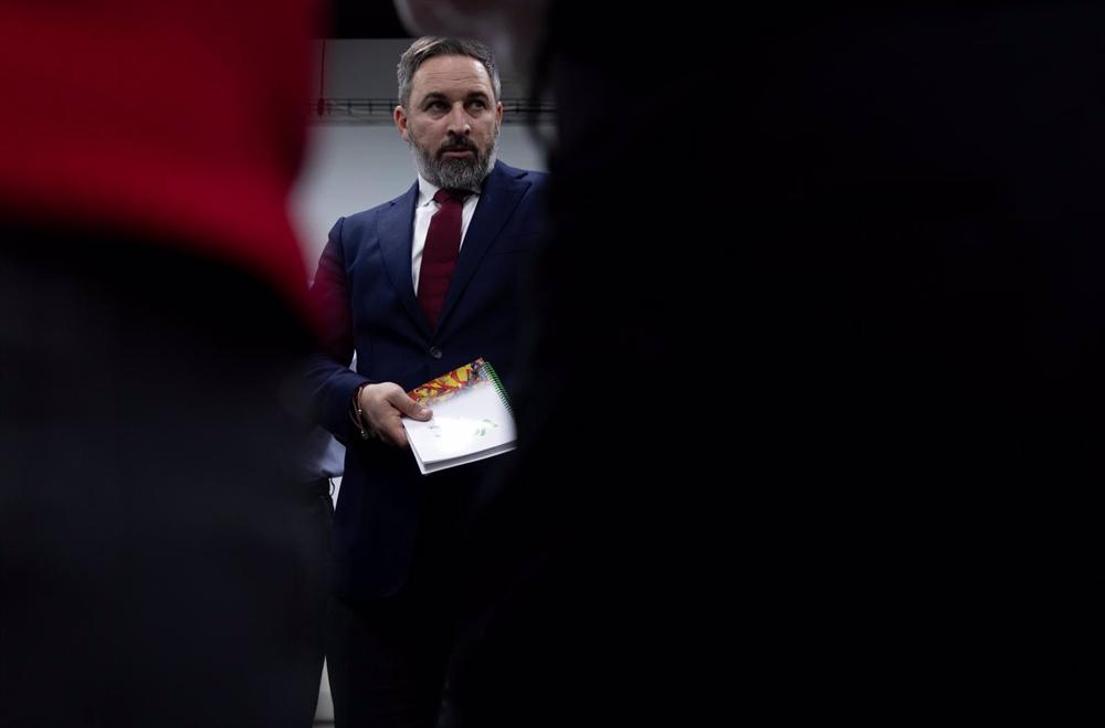 El líder de Vox, Santiago Abascal, en su sede El