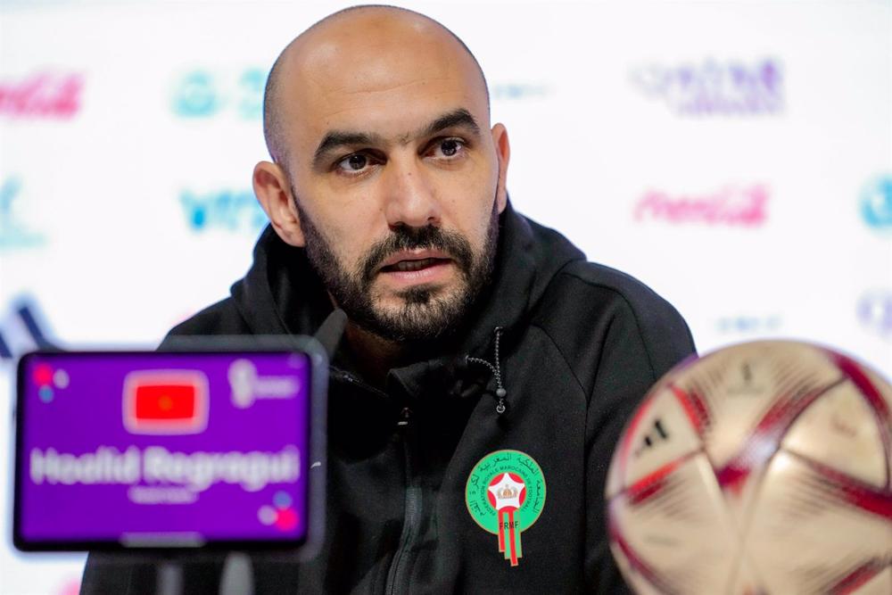 El seleccionador de Marruecos, Walid Regragui, en la rueda de prensa previa a la semfinal ante Francia del Mundial de Catar. El