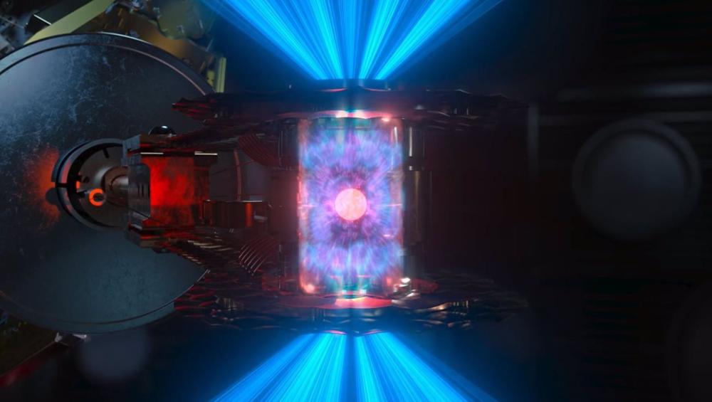 Illustration of the inertial fusion reaction by ignition. Illustration