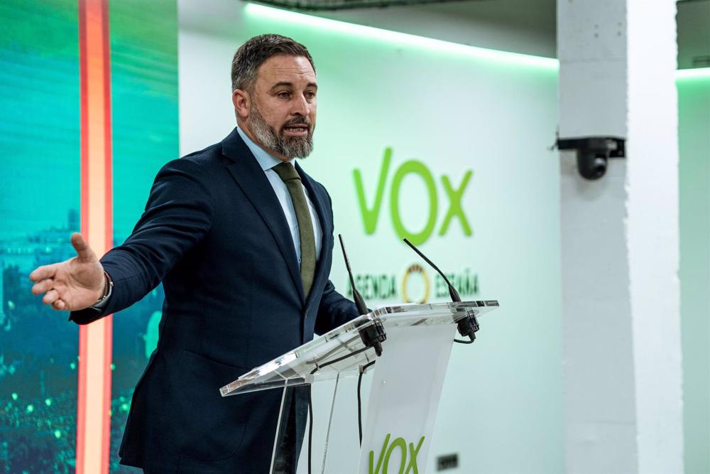 El presidente de Vox, Santiago Abascal, durante una rueda de prensa El