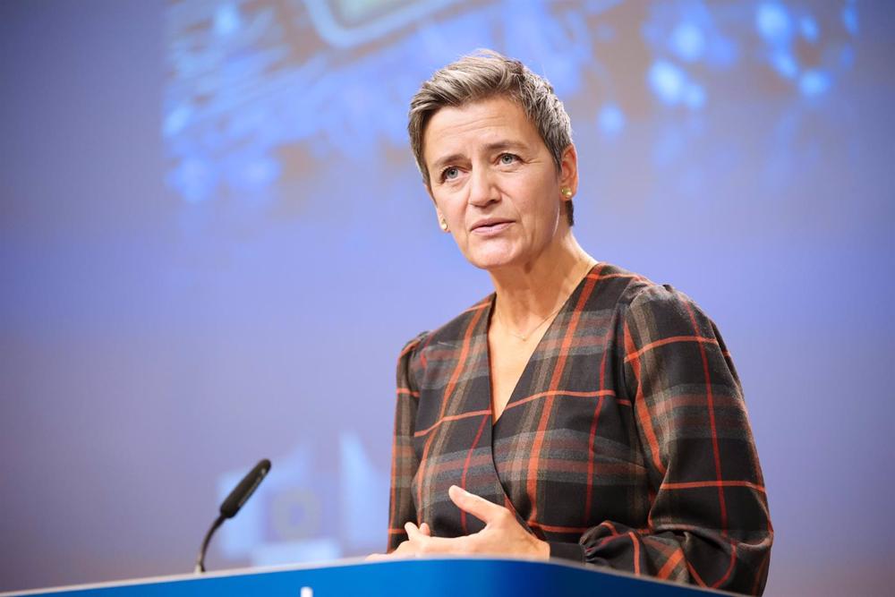 Archivo - HANDOUT - 07 ottobre 2020, Belgio, Bruxelles: Il vicepresidente esecutivo della Commissione europea Margrethe Vestager parla durante una conferenza stampa online presso la sede della Commissione europea. Foto: Claudio Centonze/Commissione europea/dp Archivo