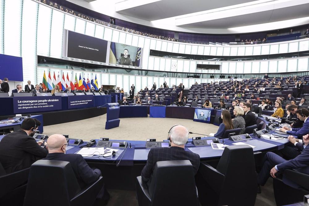 Volodimir Zelenski, President of Ukraine, speaks before the European Parliament. Volodimir