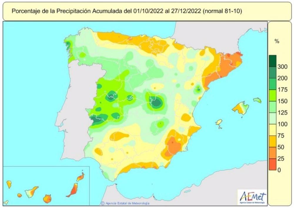 Las lluvias superan en un 1% el valor de precipitaciones normal desde el 1 de octubre al 27 de diciembre de 2022. Las