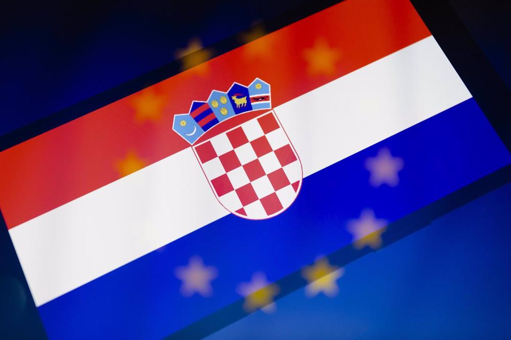 Assembly with the flags of Croatia and the European Union. Assembly