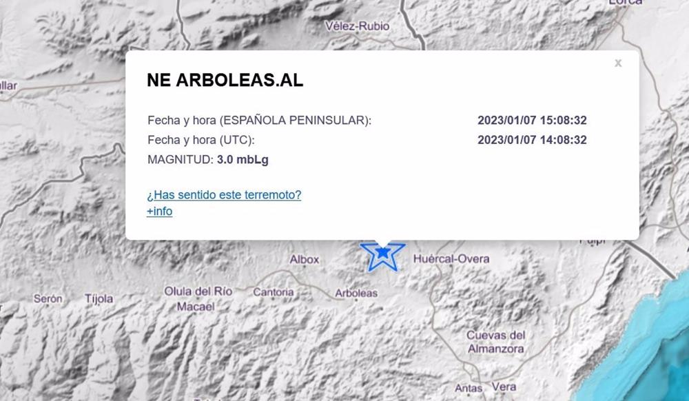 Registrado un terremoto de magnitud 3 con epicentro al noroeste de Arboleas (Almería) Registrado