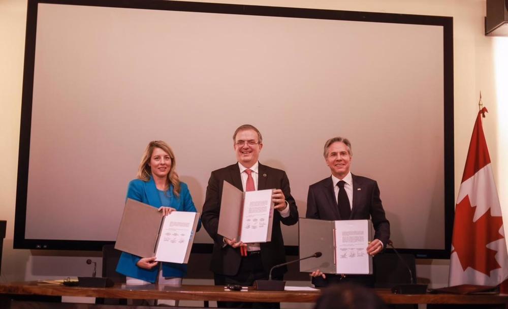 Les ministres des Affaires étrangères du Canada, du Mexique et des États-Unis, respectivement Mélanie Joly, Marcelo Ebrard et Antony Blinken. Les