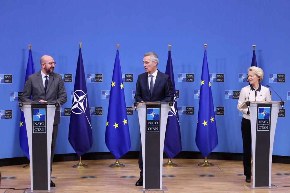 Joint Appearance of Charles Michel, Jens Stoltenberg and Ursula Von der Leyen Joint
