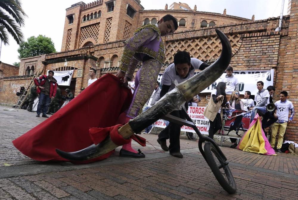 Archive - Protest by bullfighters, novilleros and bullfighting fans against the banning of bullfights in the Santa Maria bullring in Bogota, Colombia. Archive