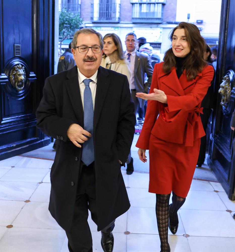 La ministra de Justicia, Pilar Llop, y el presidente del Consejo General del Poder Judicial, Rafael Mozo, a su llegada a la jornada ‘El Ministerio de Justicia y la Mediación’ en el Palacio de Parcent, a 20 de enero de 2023, en Madrid (España). Con motivo La