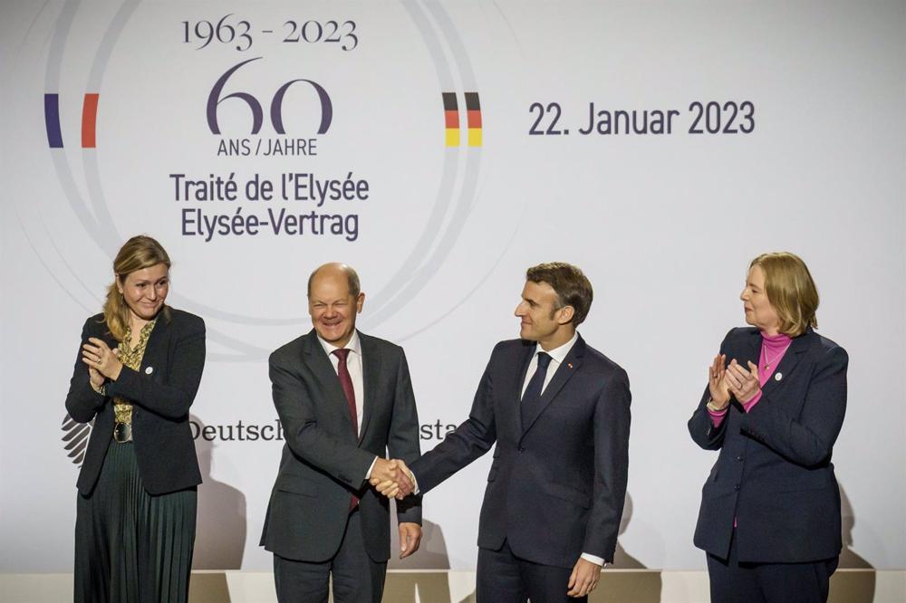 President of the French National Assembly Yael Braun-Pivet, German Chancellor Olaf Scholz, French President Emmanuel Macron and Bundestag President Barbel Bas in Paris at the celebration of the 60th anniversary of the Elysée Treaty. President