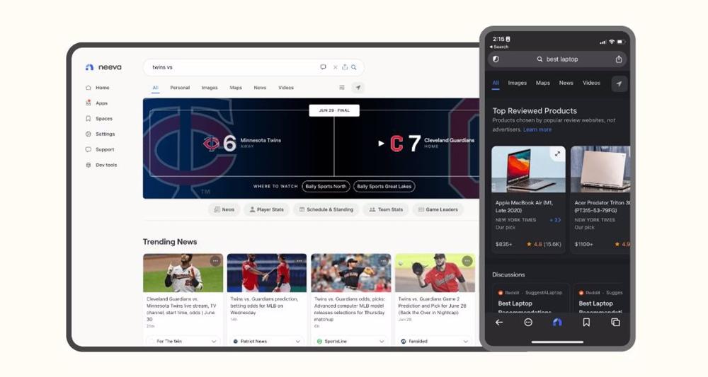 Interfaz de Neeva en versión web y móvil Interfaz