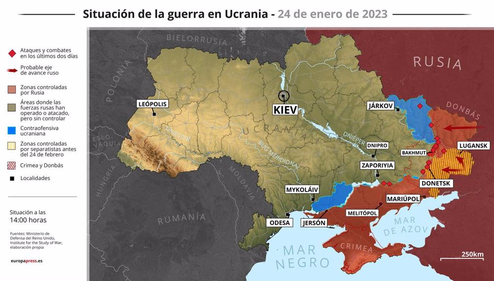 Mappa della situazione bellica in Ucraina al 24 gennaio 2023 (Stato alle ore 14:00) Mappa