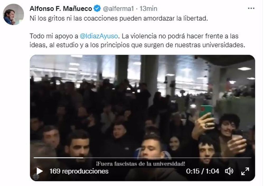 Tuit de Alfonso Fernández Mañueco en apoyo de la presidenta de la Comunidad de Madrid, Isabel Díaz Ayuso. Tuit