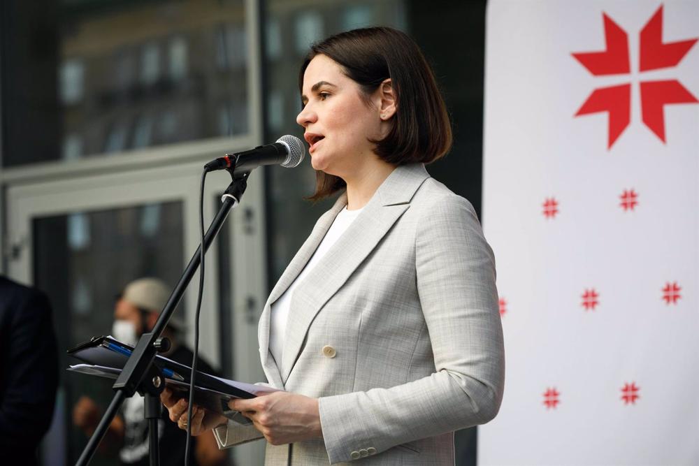 File - Belarusian opponent Svetlana Tikhanovskaya at a rally in Warsaw, Poland. File