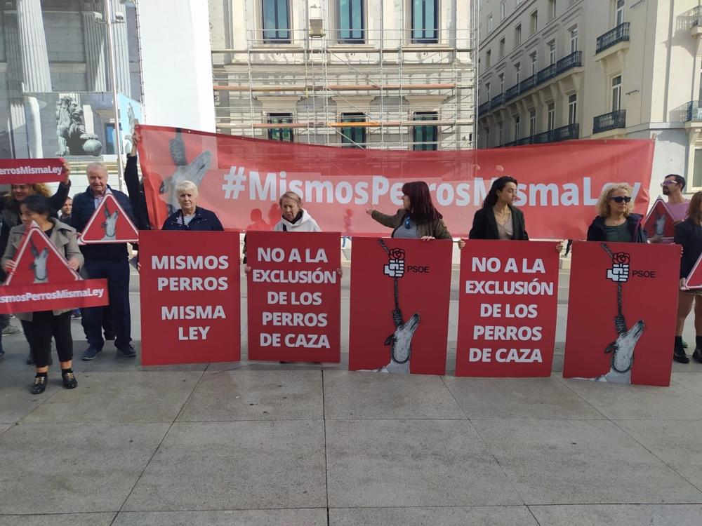 Archivo - Organizaciones de bienestar animal exigen al PSOE frente al Congreso de los Diputados que retiren la enmienda que excluye a los perros de caza del proyecto de ley de protección, derechos y bienestar animal que se tramita en las Cortes Generales. Archivo