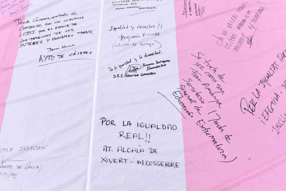 Archivo - Detalle de los mensajes escritos en la bandera trans que la Federación Estatal de Lesbianas, Gais, Trans, Bisexuales, Intersexuales y más (Flegtbi+), Chrysallis y Fundación Triángulo han llevado al Congreso Archivo