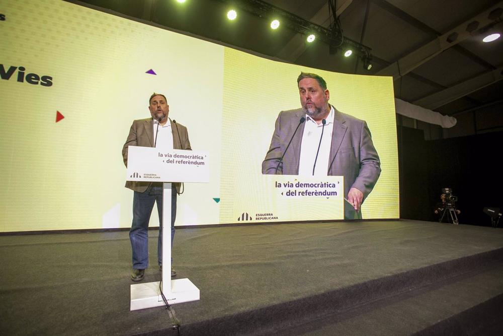 El presidente de ERC, Oriol Junqueras, interviene durante el congreso de Esquerra Republicana de Catalunya, en la Fira de Lleida, a 28 de enero de 2023, en Lleida, Cataluña (España). El