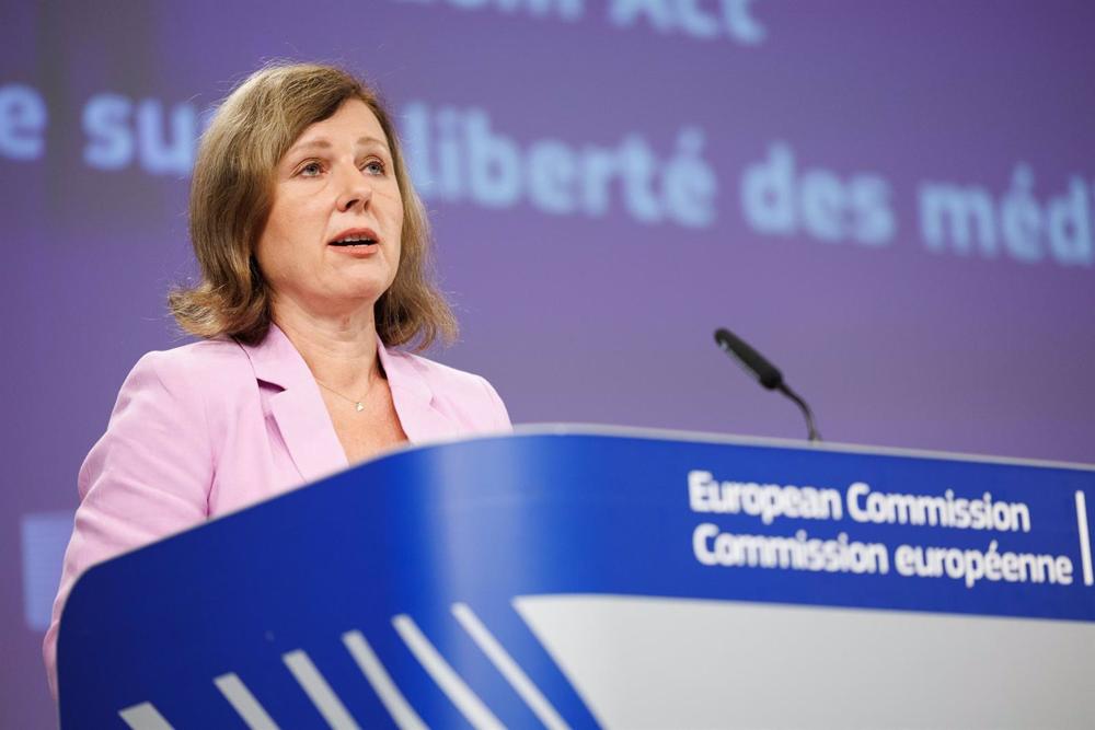 Archivo - HANDOUT - 16 September 2022, Belgium, Brussels: Vera Jourova, Vice President of the European Commission for Values and Transparency, speaks during a press conference on the Media Freedom Act. Photo: Christophe Licoppe/European Commission/dpa - A Archivo