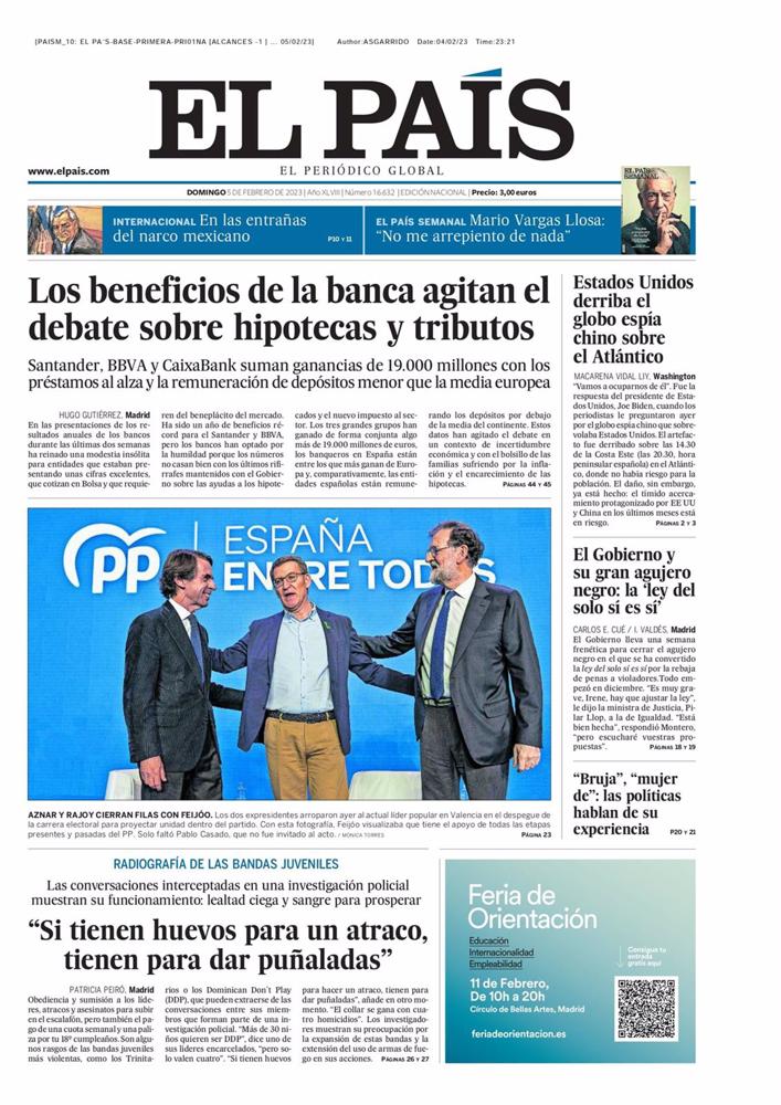 Portada de El País del domingo 5 de febrero de 2023. Portada