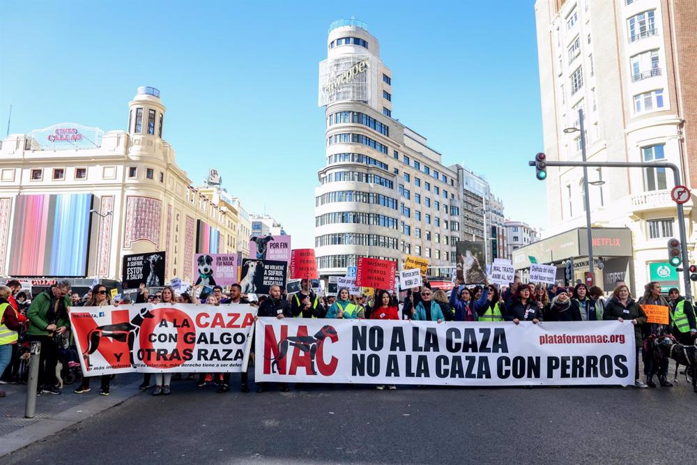 Centenares de personas con pancartas en una concentración bajo el lema ‘No a la caza’, en la Plaza de Callao, a 5 de febrero de 2023, en Madrid (España). Centenares
