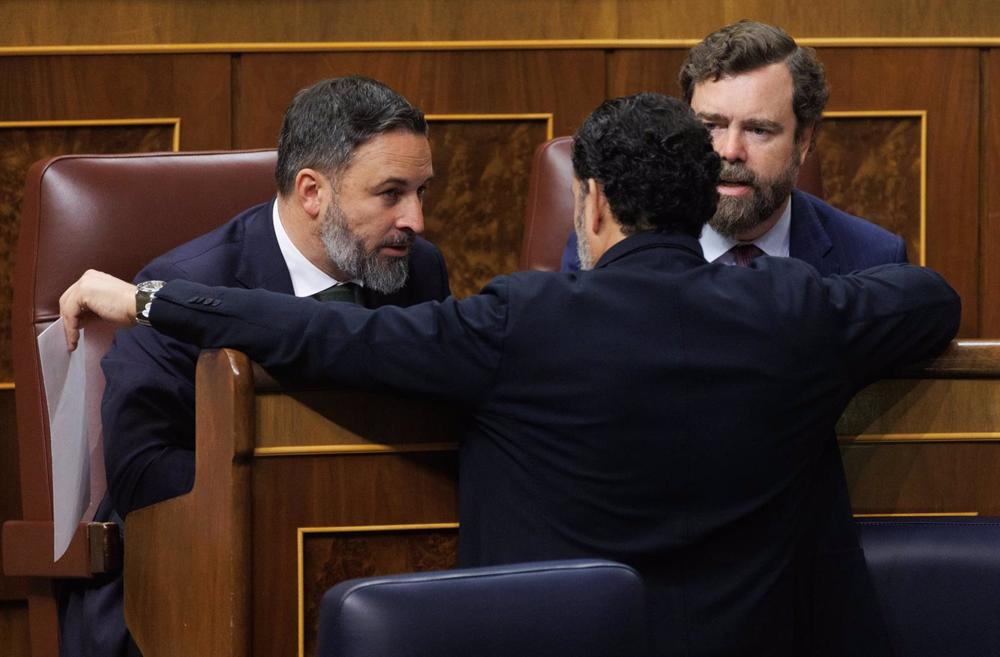 El líder de Vox, Santiago Abascal y el portavoz de Vox en el Congreso, Iván Espinosa de los Monteros, en el Pleno del Congreso El