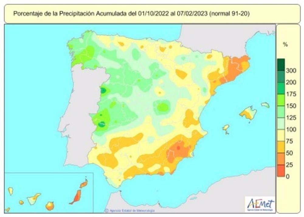 Mapa de lluvias acumuladas en España desde el 1 de octubre de 2022 al 7 de febrero de 2023. Mapa
