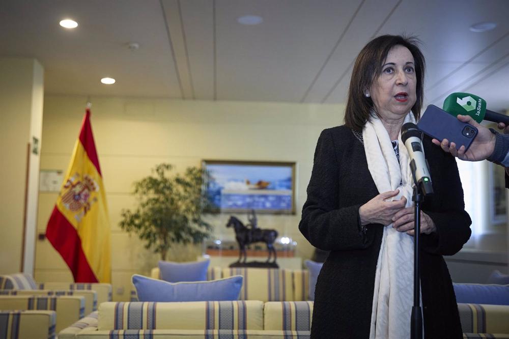 The Minister of Defense, Margarita Robles, makes a statement to the media after presiding over the José Francisco de Querol y Lombardero Award ceremony, at the Ministry's headquarters, on February 6, 2023, in Madrid (Spain). The