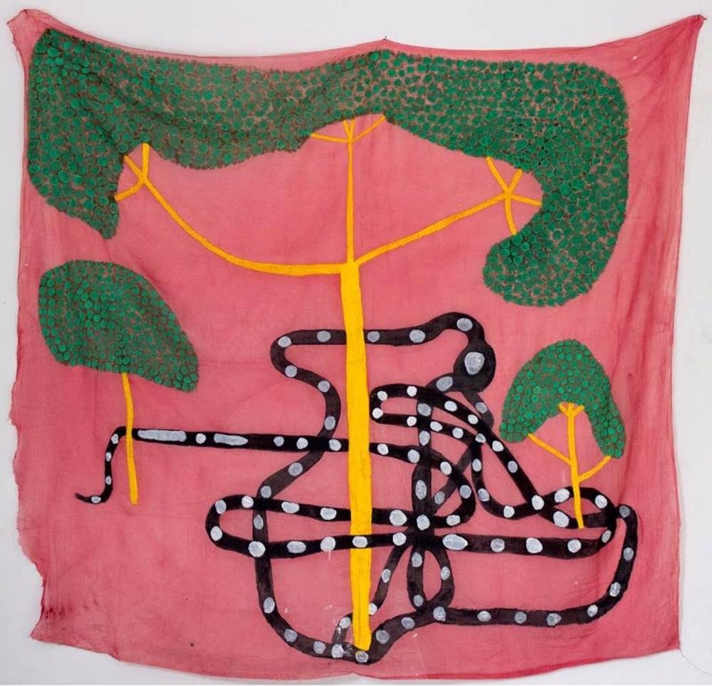 La obra 'Hii frare frare oru keki (Árbol amarillo con culebra a sus pies)', 2021. Acrílico sobre tela de algodón. Adquirida por el Museo Reina Sofía La