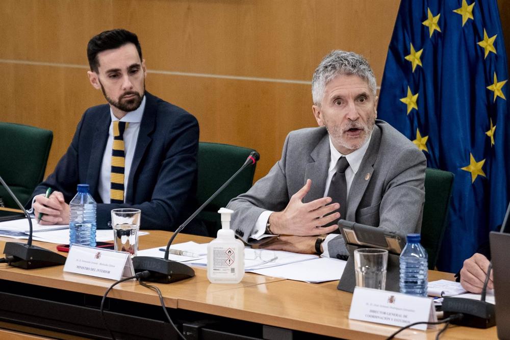 Archivo - El secretario de Estado de Seguridad, Rafael Pérez (i) y el ministro del Interior, Fernando Grande-Marlaska (d), durante una reunión con los responsables de la lucha contra la violencia de género de las Fuerzas de Seguridad del Estado Archivo