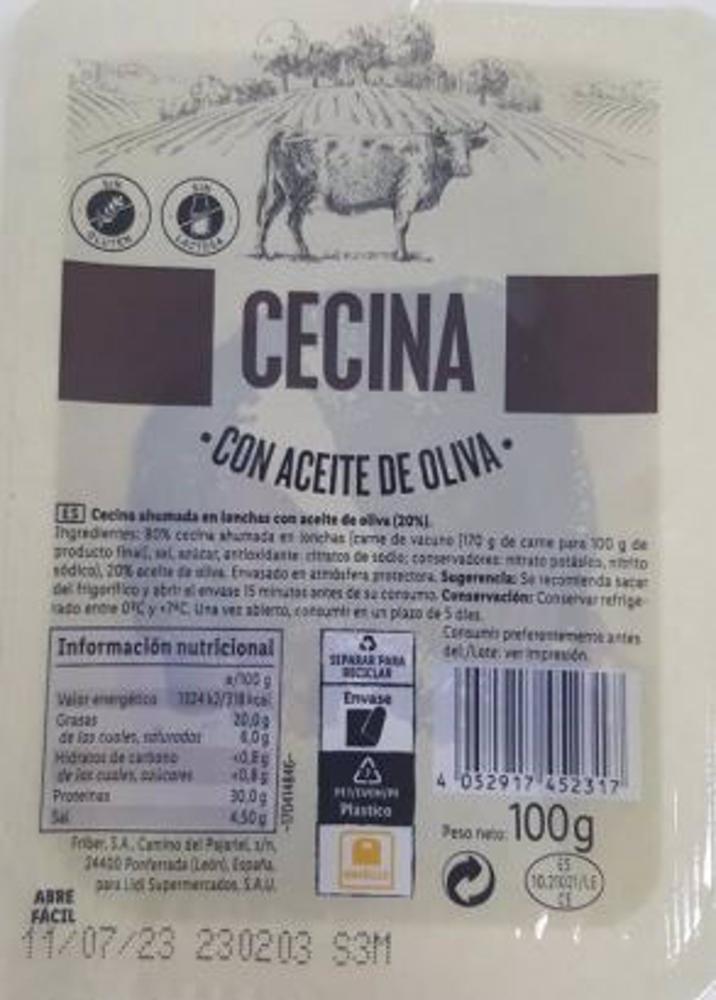 Lote de 'Cecina loncheada en aceite de oliva' retirado por Ldl tras alertar de la presencia de la bacteria Listeria monocytogenes. Lote