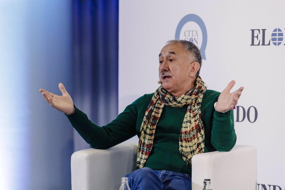 El secretario general de UGT, Pepe Álvarez, interviene durante un desayuno informativo en el Hotel Westin Palace, a 9 de marzo de 2023, en Madrid (España). El diario ‘El Mundo’ ha organizado este encuentro informativo. El