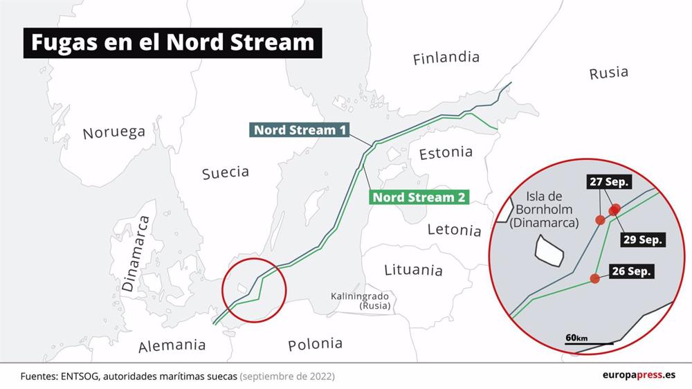 Arquivo - Mapa mostrando a localização das quatro fugas de gás detectadas no Nord Stream 1 e 2 entre 26 e 29 de Setembro. Arquivo