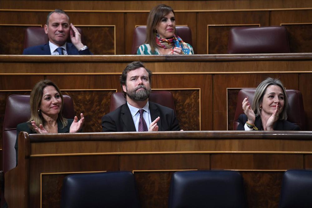 El portavoz de Vox en el Congreso, Iván Espinosa de los Monteros, aplaude durante una sesión plenaria en el Congreso de los Diputados El