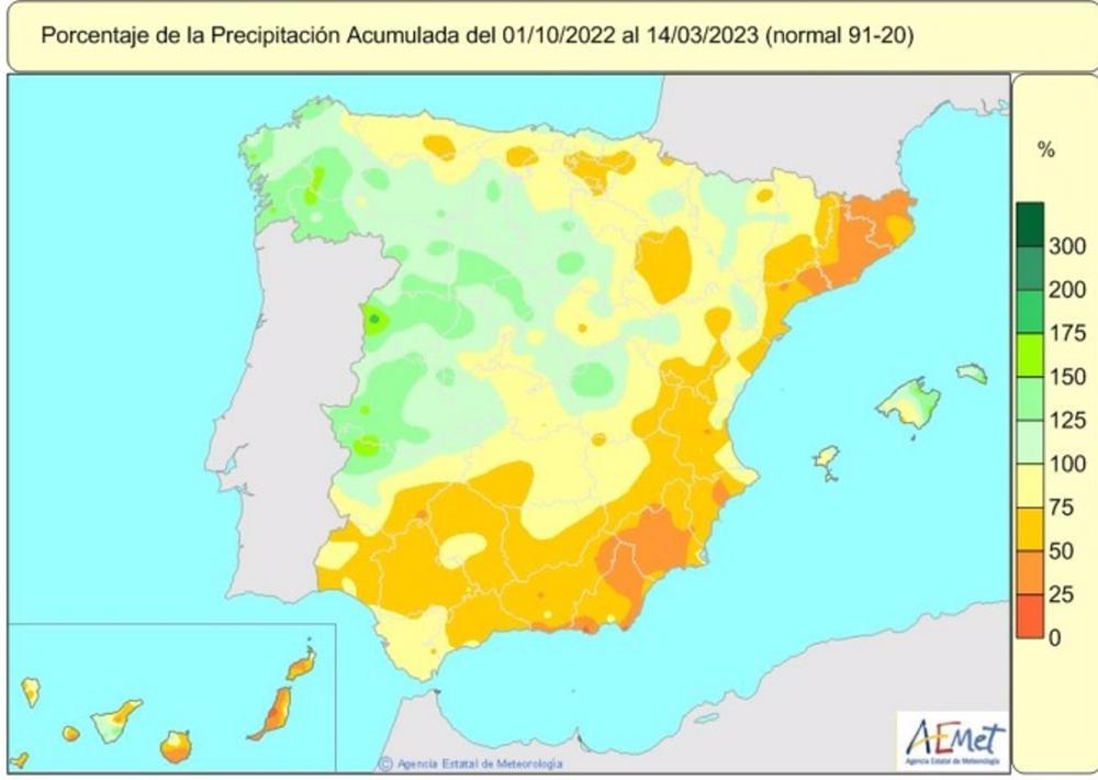 La falta de lluvias en el año hidrológico es de un 12% en el conjunto de España y la mayor parte de las zonas tienen falta de precipitaciones. La