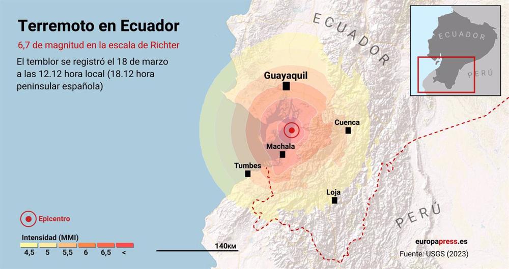 Mapa que representa la localización del terremoto de 6,7 de magnitud en la escala de Richter que ha sacudido este sábado la costa del Pacífico ecuatoriano. Mapa