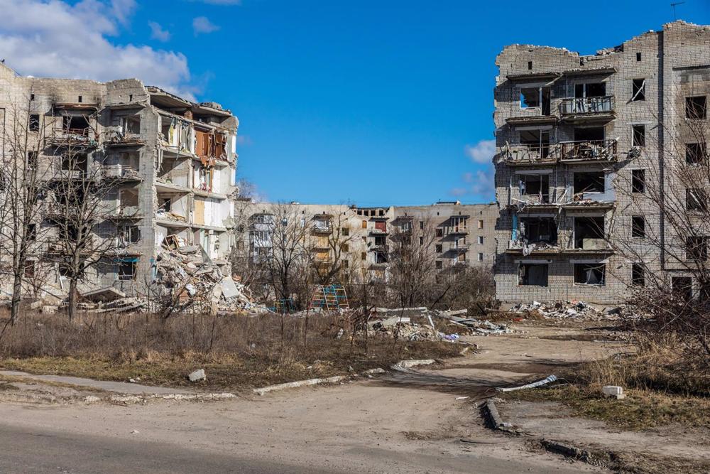 Buildings destroyed by Russian attacks in Izium, Ukraine Buildings
